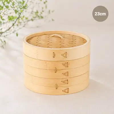23cm Bamboo Dumpling Steamer (Commercial Dim Sum 2-Tier Steamer Basket for Dumplings, Buns, Rice Cakes, Boiled Meat, Buffet)