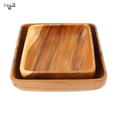 Wood Square Salad Bowl 2-Piece Set | Natural Wood Square Bowl Cereal Bowl Brunch Cafe Wooden Plate