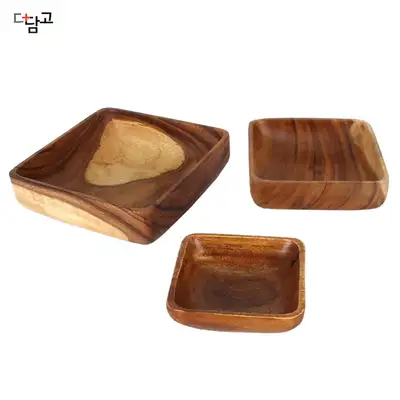 Natural Wood Square Bowl 3-Piece Set | Wood Salad Bowl Wooden Appetizer Snack Plate Bibimbap Bowl Cereal Bowl