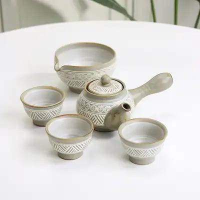 粉青梳纹三人茶具套装