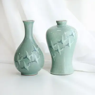 青瓷线鹤梅酒瓶套装(特小)