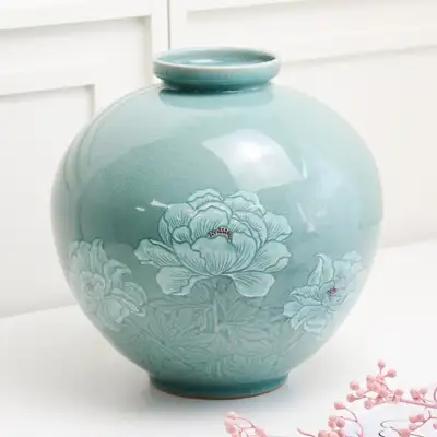 道城青瓷 白象嵌 牡丹 壶 27厘米