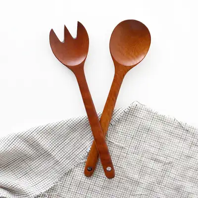 Rose Wood Lacquered Salad Server Set | Wood Serving Fork Wooden Tongs Spoon Brunch Plate Home Party