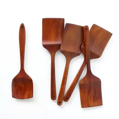 5-Piece Set Rose Wood Lacquered Wok Turner | Wood Cooking Spatula Long Turner Professional Restaurant Cooking Long Spoon