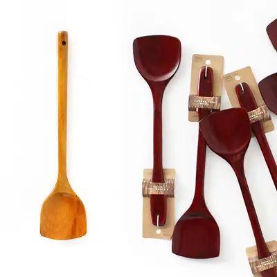 2-Color Lacquered Wood Cooking Spatula | Wood Stir-Fry Spatula Long Spatula Culinary Professional Long Spoon