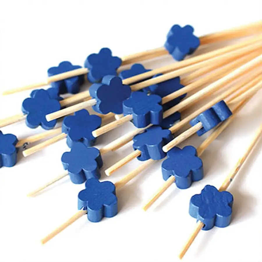 Deep Blue Flower Bamboo Fruit Pick Skewer 100P Hamburger Sandwich Mini Fork Cocktail Pick