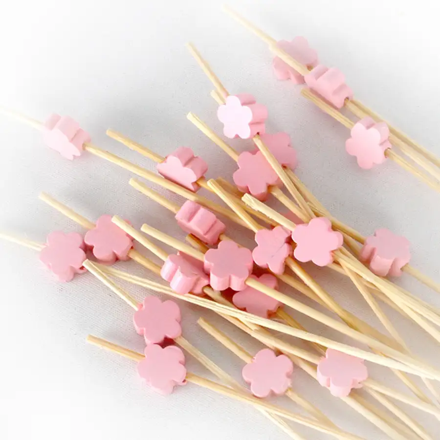 Pink Flower Bamboo Cocktail Picks 100P - Hamburger Sandwich Mini Fork — 1