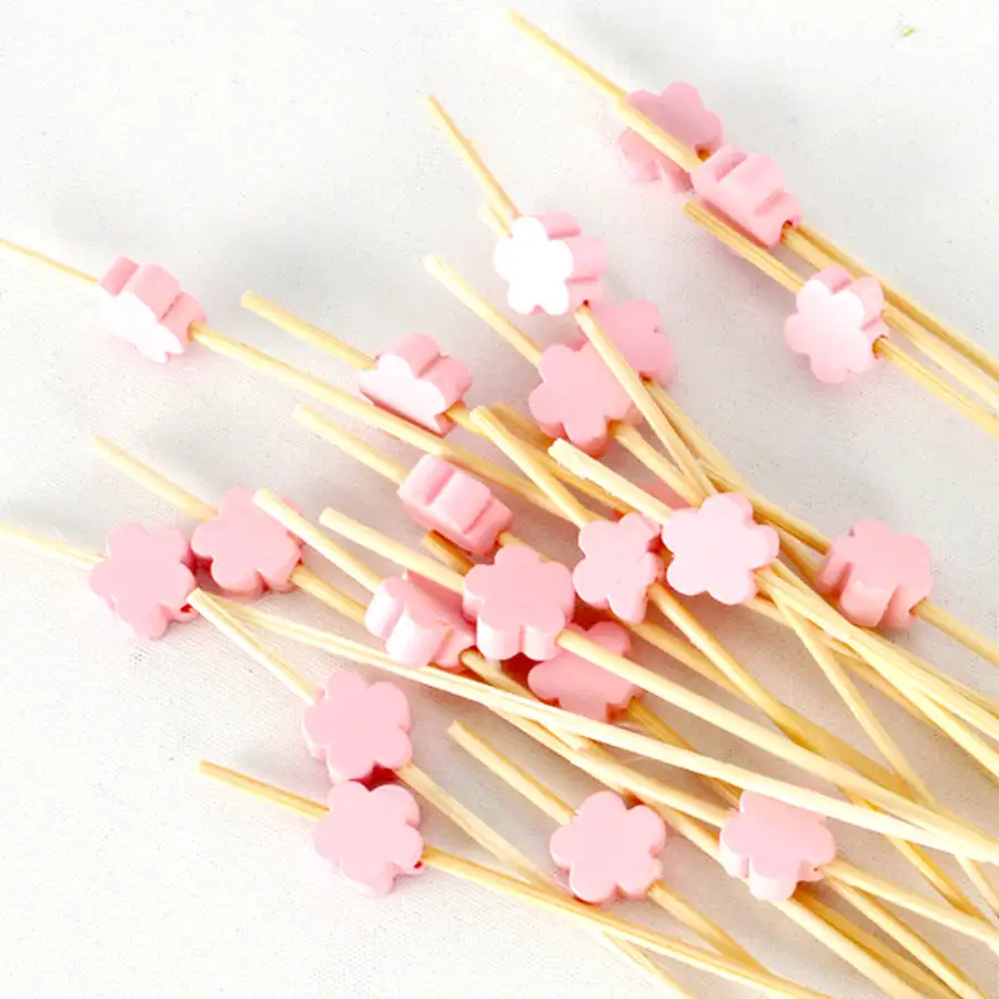 Pink Flower Bamboo Cocktail Picks 100P - Hamburger Sandwich Mini Fork — 2