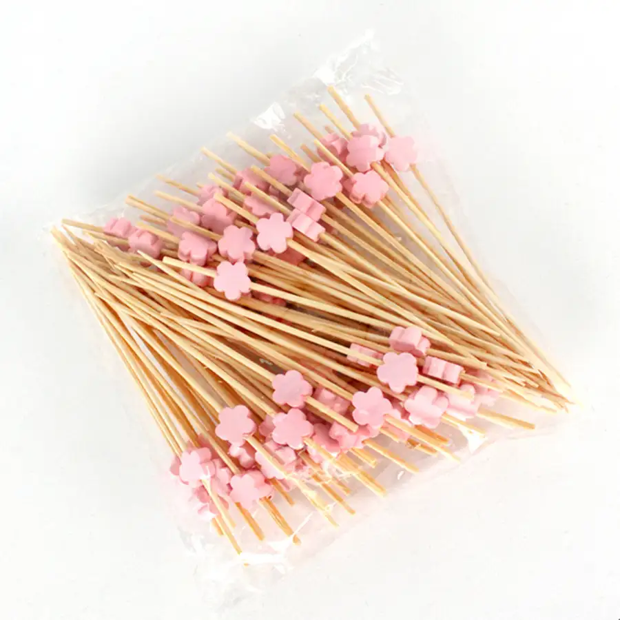 Pink Flower Bamboo Cocktail Picks 100P - Hamburger Sandwich Mini Fork — 3