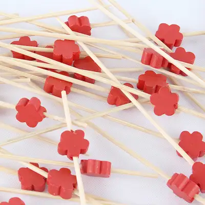 Red Flower Bamboo Color Fruit Pick Fork Cocktail Pick 100P Hamburger Sandwich Mini Fork