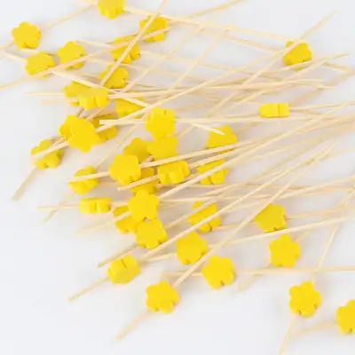 Yellow Flower Bamboo Colored Fruit Pick Skewer 100P Hamburger Sandwich Mini Fork Cocktail Pick