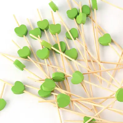 Green Heart Bamboo Color Fruit Pick Skewer 100P Hamburger Sandwich Mini Fork Cocktail Pick