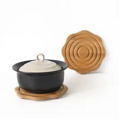 Round Bamboo Textured Wood Pot Holder for Stone Pot and Earthenware
