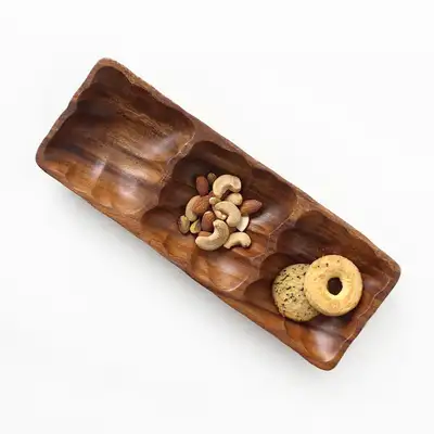 Rectangular 3-Compartment Wood Tray with Wave Pattern | Home Café Snack Wooden Plate