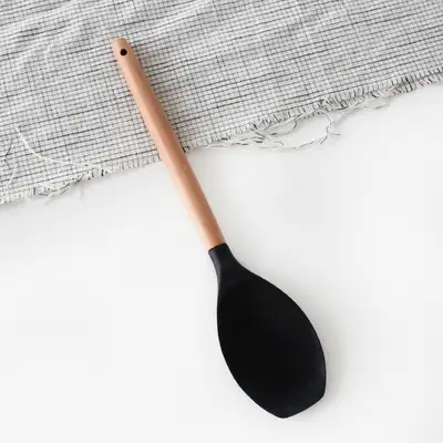 ブラック ウッドハンドル シリコン 多用途炒め用 木製スプーン スパチュラ
