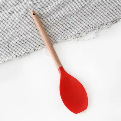 レッド ウッドハンドル シリコン 多用途炒め | 木製スプーン スパチュラ
