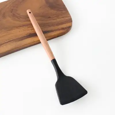 ブラック ウッドハンドル シリコン ストレート フライ返し | お好み焼き返し