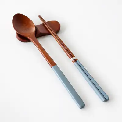 Blue Rose Wood Wooden Spoon and Chopsticks Set (Wood Spoon Chopsticks Korean Japanese Tableware Gift Cutlery)