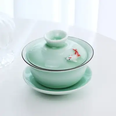 高级绿色鱼纹盖碗茶杯