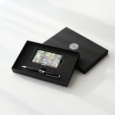 (2-Piece Set) Premium Mother-of-Pearl Lacquerware Aurora Business Card Case M + Gift Ballpoint Pen