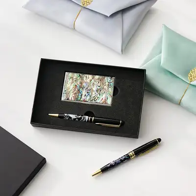 (2-Piece Set) Premium Mother-of-Pearl Lacquerware Aurora Business Card Case M + Mother-of-Pearl Ballpoint Pen