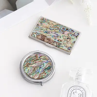 (2-Piece Set) Mother-of-Pearl Lacquered Aurora Business Card Case + Aurora One-Touch Hand Mirror M