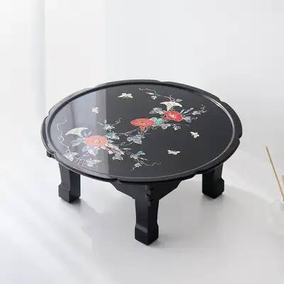 Traditional Mother-of-Pearl Lacquerware Table with Morning Glory Flower Design, Oval Shape, Folding Legs, 45cm