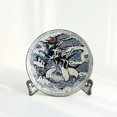 Nacre Lacquerware Ten Symbols of Longevity Decorative Mini Mother-of-Pearl Tray, Black, 20cm