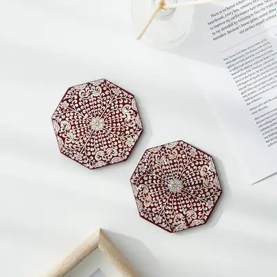 Octagonal Mother-of-Pearl Lacquerware Coaster Set with Mandarin Duck and Scrollwork (2P)