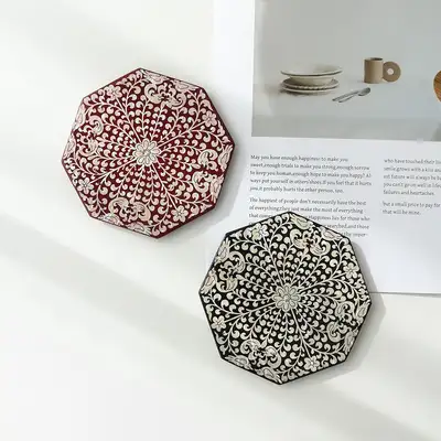 Octagonal Mother-of-Pearl Lacquered Coaster (Mandarin Duck and Scrolling Vine Pattern)