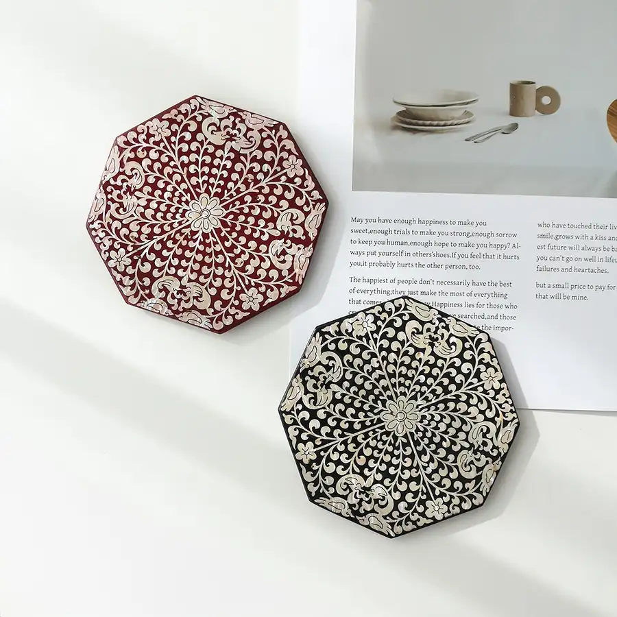 Octagonal Mother-of-Pearl Lacquered Coaster (Mandarin Duck and Scrolling Vine Pattern) — 1