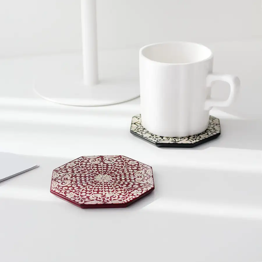 Octagonal Mother-of-Pearl Lacquered Coaster (Mandarin Duck and Scrolling Vine Pattern) — 2
