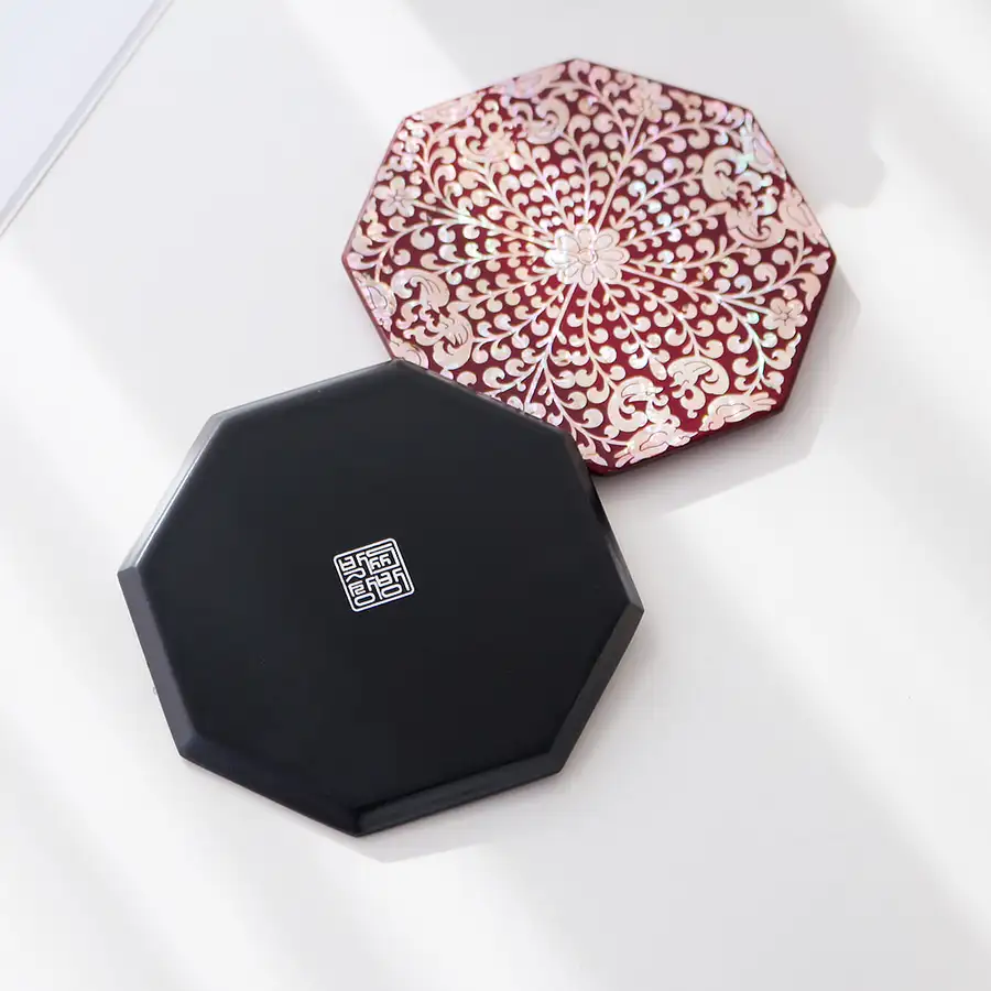 Octagonal Mother-of-Pearl Lacquered Coaster (Mandarin Duck and Scrolling Vine Pattern) — 5