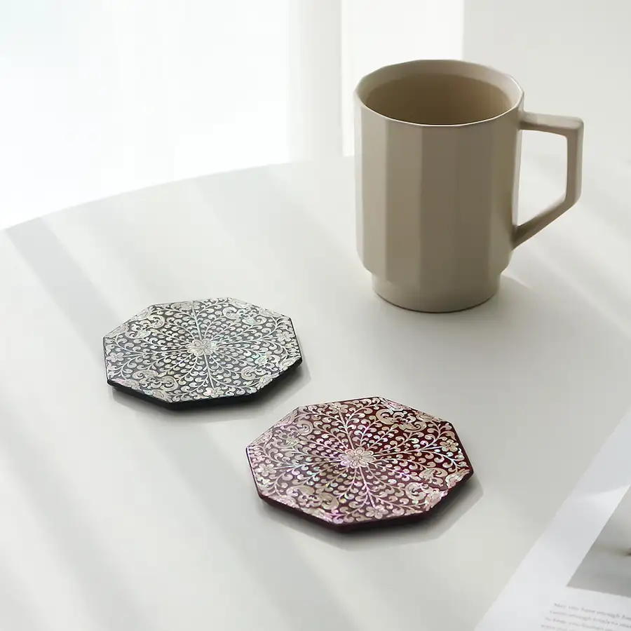 Octagonal Mother-of-Pearl Lacquered Coaster (Mandarin Duck and Scrolling Vine Pattern) — 6
