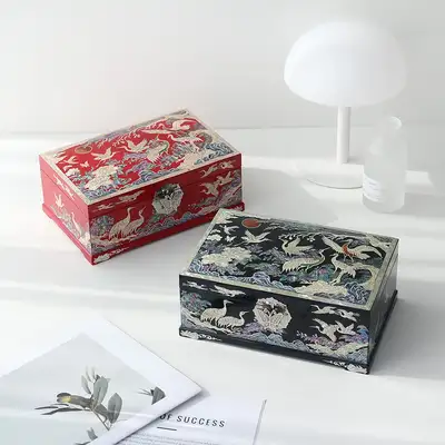 Mother-of-Pearl Lacquerware Cranes and Flowers Two-Tier Jewelry Box 24cm