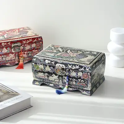 Rangjai Mother-of-Pearl Lacquerware Pine and Crane Rolling Extra-Large Drawer Jewelry Box