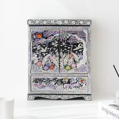 Mother-of-Pearl Lacquerware Colored Ten Symbols of Longevity Double-Door Drawer Shell Jewelry Box (Extra Large)