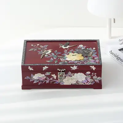 Luxury Mother-of-Pearl Lacquerware Red Peony 2-Tier Jewelry Box 30cm