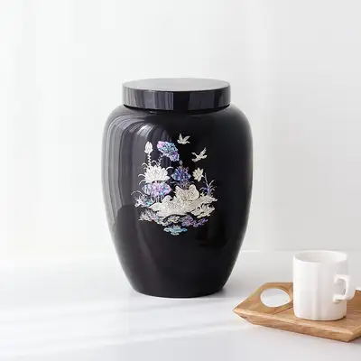 Lacquerware Rice Container with Lotus and Mandarin Duck Design - Bamboo with Mother-of-Pearl Inlay (Lacquered Interior) 4kg