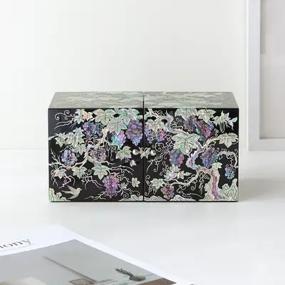 Nacre Lacquerware Grape Pattern Double-Lid Jewel Box (Large)