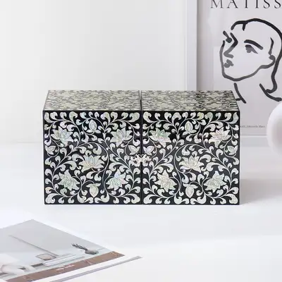 Mother-of-Pearl Lacquered Jewelry Box with Peony and Vine Pattern, Double-Hinged, Oversized