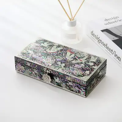 Najo Lacquerware Crane and Scrollwork Single-Tier Abalone Jewelry Box, 23cm (Black) – Masterwork by Intangible Cultural Property Holder Jang Tae-bok