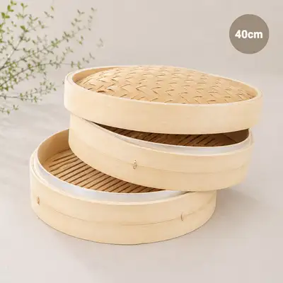 40cm Bamboo 2-Tier Steamer Basket (Large Dumpling Steamer, Dim Sum Steamer, Steamed Pork, Red Bean Bun Steamer, Commercial Restaurant Steamer)
