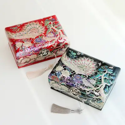高级螺钿漆器孔雀富贵牡丹三层滚动贝壳珠宝盒(24型)