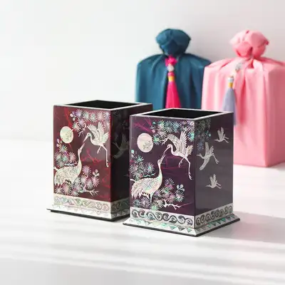 螺钿漆器韩纸松鹤贝壳笔筒&铅笔筒
