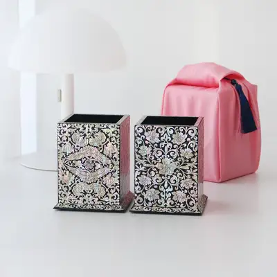 螺钿漆器 双鹤|牡丹纹 贝壳 铅笔筒&笔筒