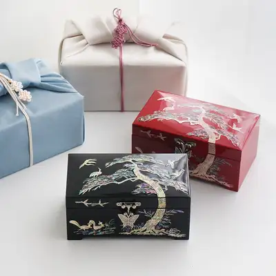 螺钿漆器迷你一层贝壳首饰盒(15厘米) 松鹤(含戒指架)