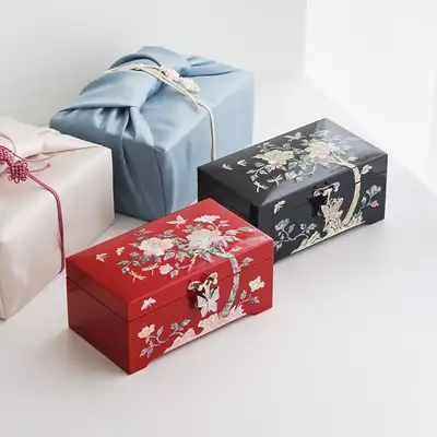 螺钿漆器迷你1层贝壳首饰盒(15厘米)牡丹(含戒指架)