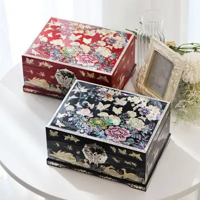 （郎才）螺钿漆器梅花牡丹 2层贝壳珠宝盒 18厘米（金英万文化财能工巧匠作品）