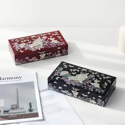 螺钿漆器1层牡丹蝴蝶礼金首饰盒H 23厘米贝壳镶嵌盒饰品收纳盒